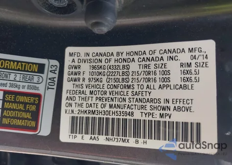 2014 Honda Cr-V Lx z USA, uszkodzony, nr VIN 2HKRM3H30EH535948